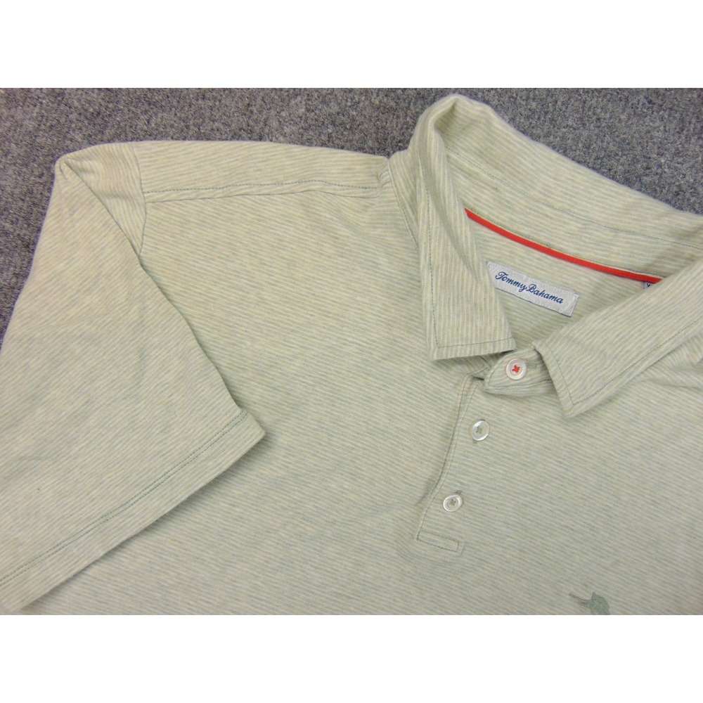 Tommy‎ Bahama Polo Shirt Mens 2XL Green Striped Short Sleeve Coastal Resort